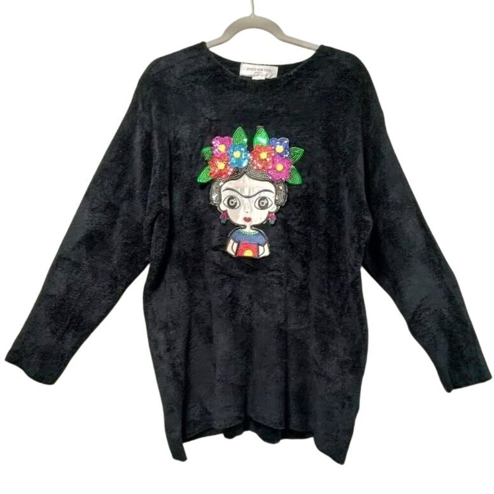 Vintage Jones of New York Frida Kahlo Y2K Fuzzy Sweater Oversized M